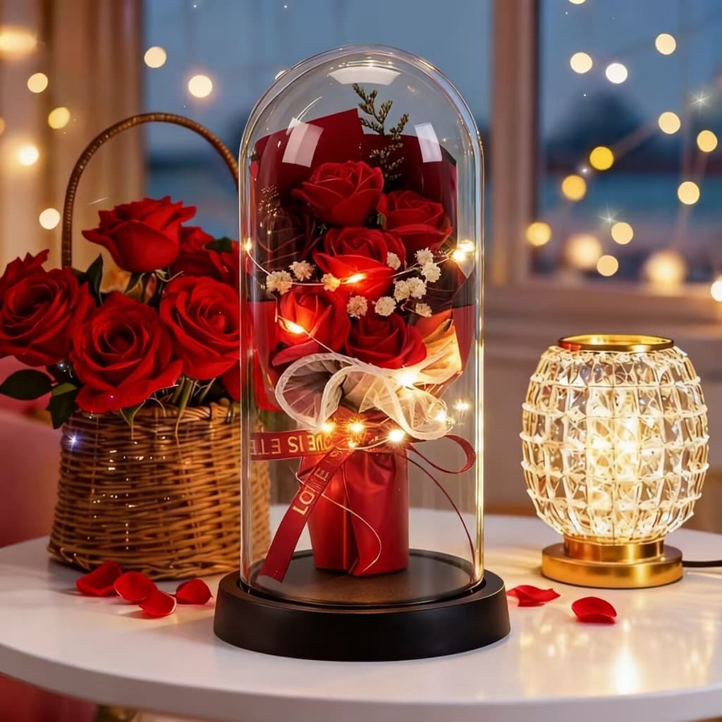 rosas flores artificiais secas para decoração jarro de buquê flor sempre viva com Luz LED Presente Namorada aniversário