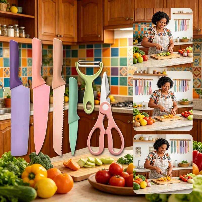 Jogo De Facas Coloridas Inox 6 Peças Edição Especial Cozinha  Cutelo Faca Chef Tesoura Culinária Envio Rápido SP