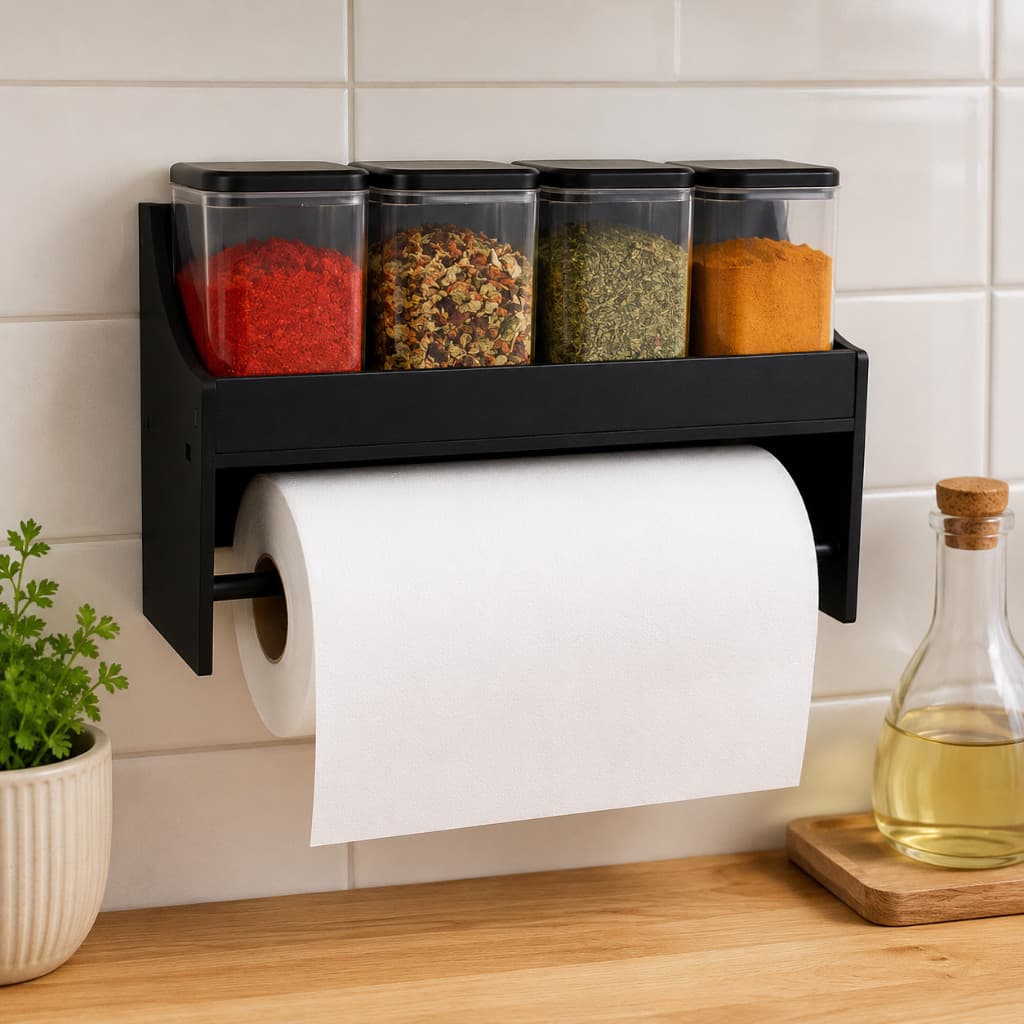 Suporte Porta Condimentos MDF Preto Papel Toalha Cozinha Organizador Parede Bancada Decorativo