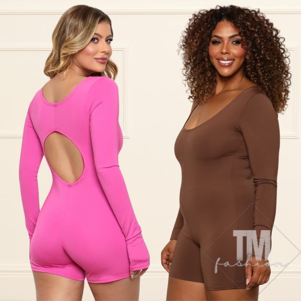 KIT 2 Macaquinho Feminino Academia Manga Longa Suplex Cavado nas Costas Treino Fitness Yoga
