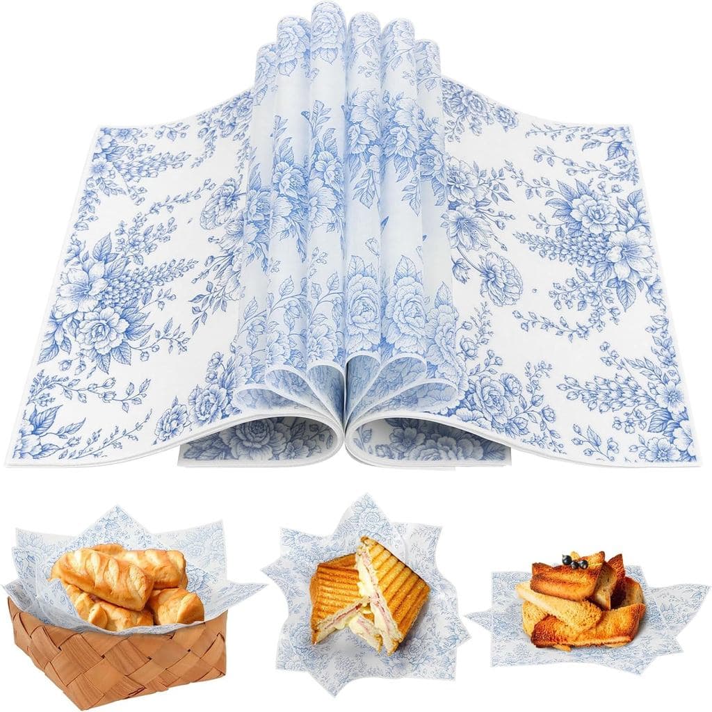 LOAVER 150 Folhas de Papel Cera Azul Floral para Alimentos, Papel Anti-Gordura com Estampa Floral Chinesa, Papel Pergami