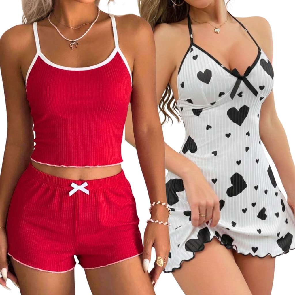 Kit Feminino Camisola e Pijama Baby Doll 2 Conjuntos de Dormir Canelado Confortável Moda Blogueirinha