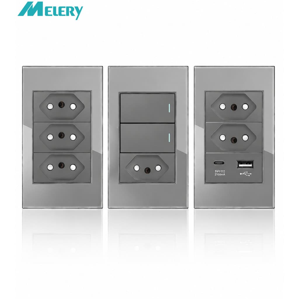 Melery 20A Painel De Vidro Tomada Parede USB A Tipo C Carregador Temperado Elétrica Interruptor Escritório Em Casa