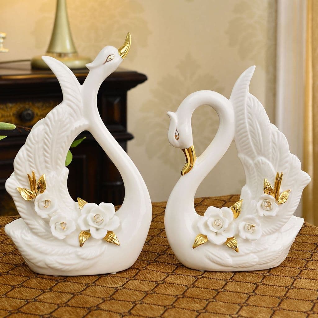 Ornamento De Cerâmica De Cisne De Casal , Decoração De Casa Europeia Mesa De Presente De Casamento