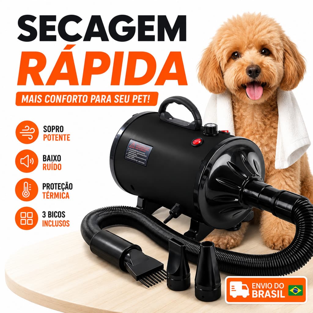 Secador Soprador Pet Profissional 2200W Silencioso Com 4 Bicos Temperatura Ajustável Banho e Tosa