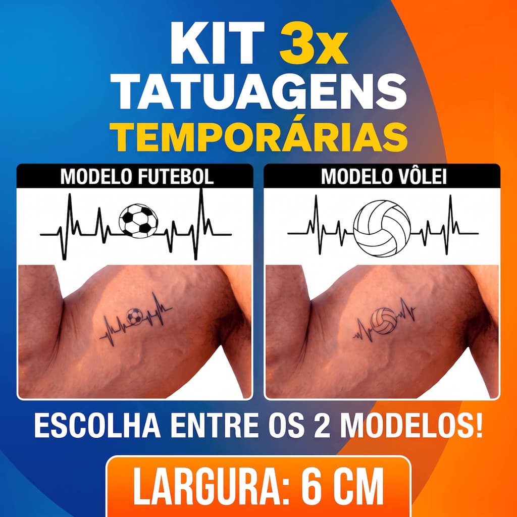 Tatuagem Temporária Bola Amor por Futebol Vôlei Batimentos kit com 3 unidades