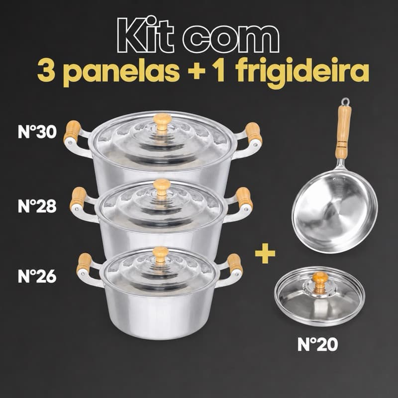 Kit 3 panelas grandes nº26/28/30 mais 1 frigideira grossa nº20 em alumínio batido. Jogo de panela para sua cozinha