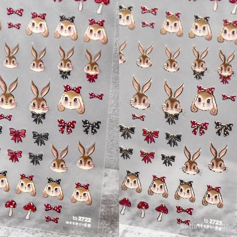 Adesivos fofos para unhas em relevo, adesivos para unhas, coelho estilo japonês com bordas douradas, ZJ7A.
