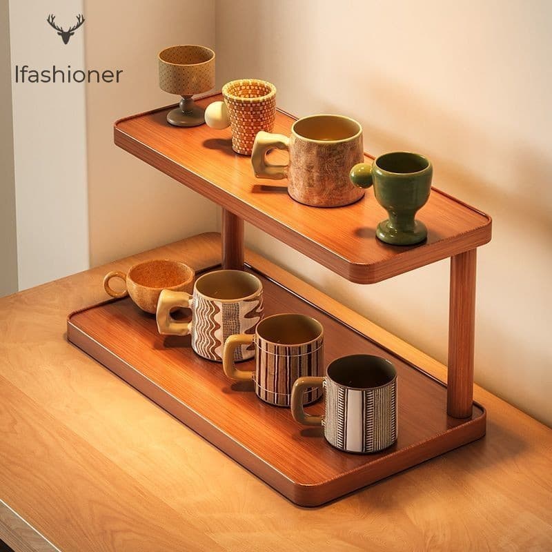 Suporte De Copo De Mesa De Madeira Maciça-Prateleira De Armazenamento Multicamadas Para Copos De Água De Chá De Café