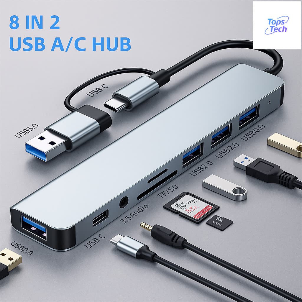 Hub USB Type C 8 Em 1 Com Leitor De Cartão Divisor 3.0 2.0 SD TF Docking Station-TOPS