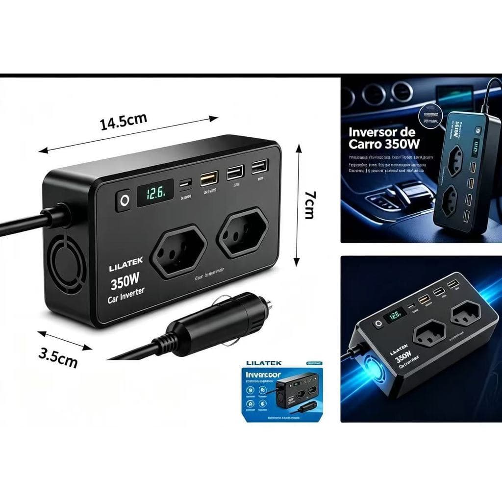 ⚡ Inversor Veicular 350W  2 Tomadas + 4 USB! Energia 110V no Carro！Entrada 12V | Saída 110V |  Material Cobre + Alumínio
