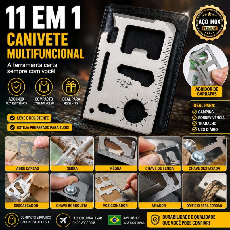 Cartão Tático Edc Multifunção Inox Camping Sobrevivência