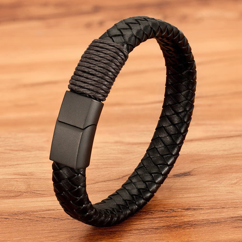 Novo Clássico Trançado Couro Masculino Pulseira De Aço Inoxidável Envoltório Pulseiras Para Homens Moda Acessórios Jóias