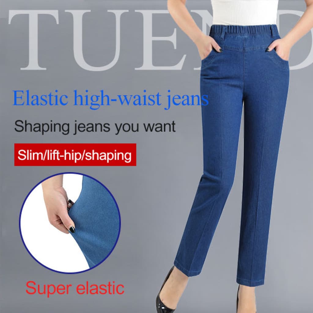 【Estilo Casual】Calças capri de ganga confortáveis e elegantes para mulheres de meia-idade com cintura elástica/Jeans/Mod