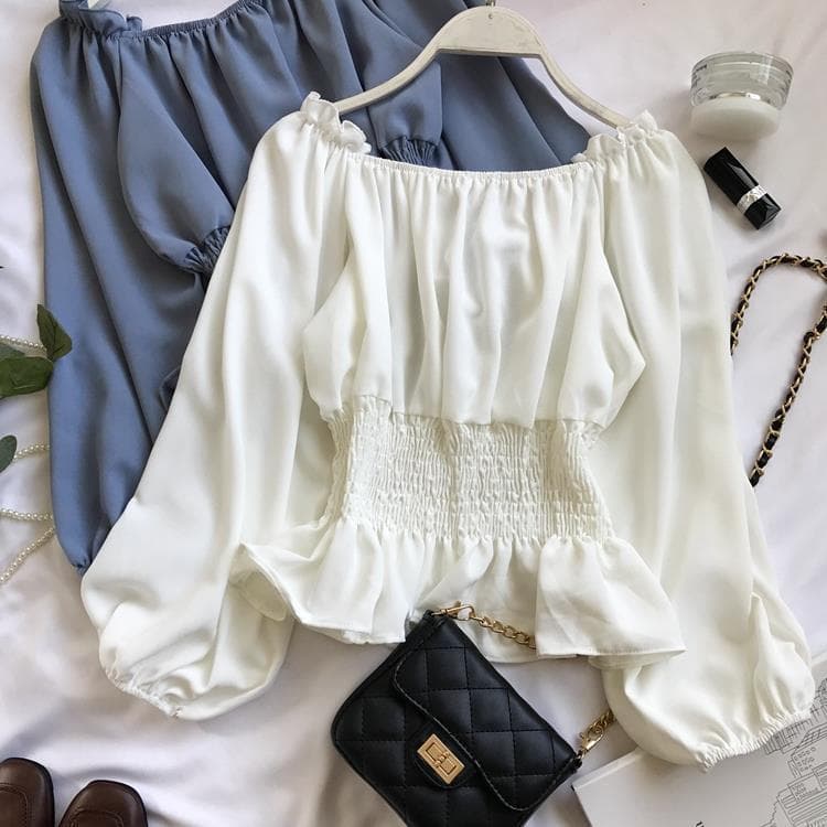 [Novidades] Camisa de Chiffon sem alças de um ombro, primavera outono novo estilo versão coreana Top de manga comprida f