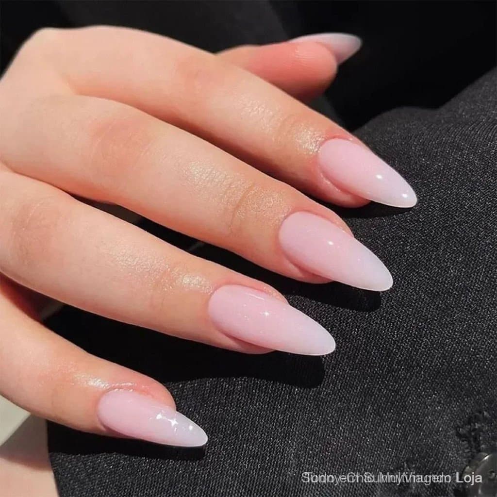 24Pcs Rosa Gradiente Amêndoa Unhas Falsas Simples com Design Francês Wearable Unhas Falsas Cobertura Completa Pressione