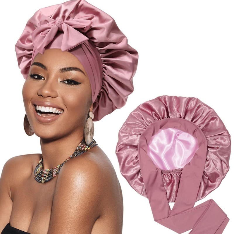 Touca de cetim de camada dupla, touca redonda com laço, simulação de seda, beleza, touca de cabelo, dupla face, estoque