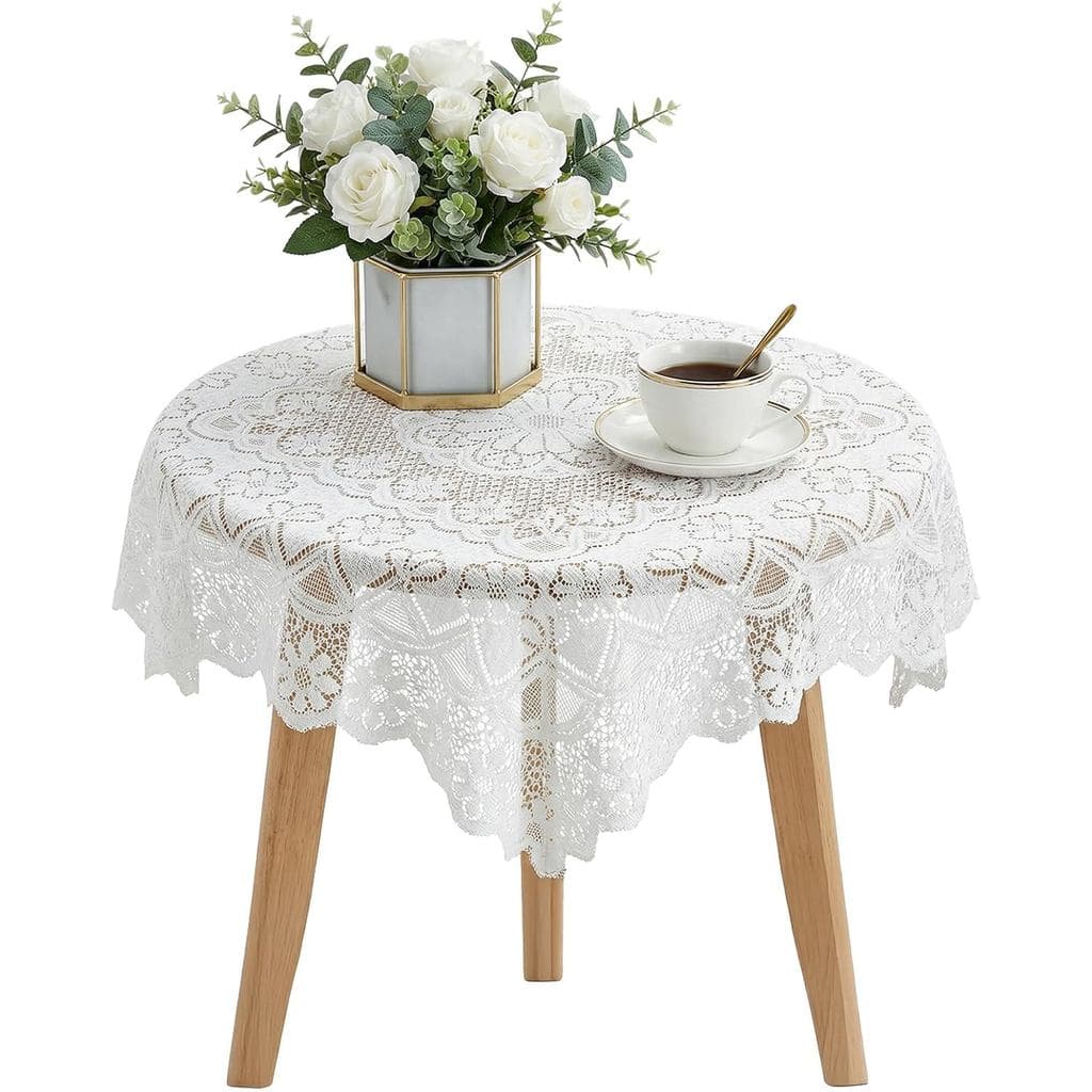 Toalha de Mesa Elegante de Renda Floral, 35 x 35 Polegadas, Toalha de Mesa Branca de Renda, Toalha de Mesa Quadrada Vint