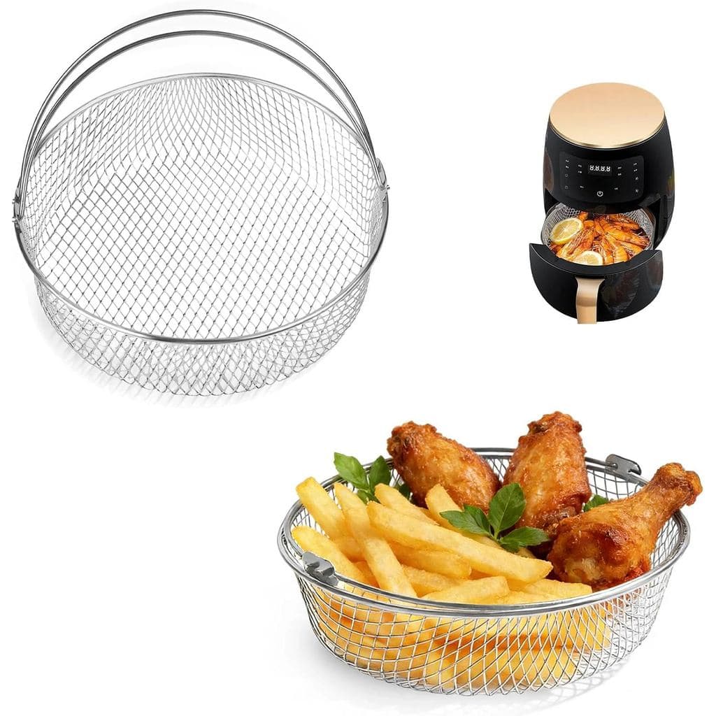 Cesto para Air Fryer de 8 Quartos, Cesto Redondo de Aço Inoxidável com Alça, Cestos de Malha para Air Fryer, Substituiçã
