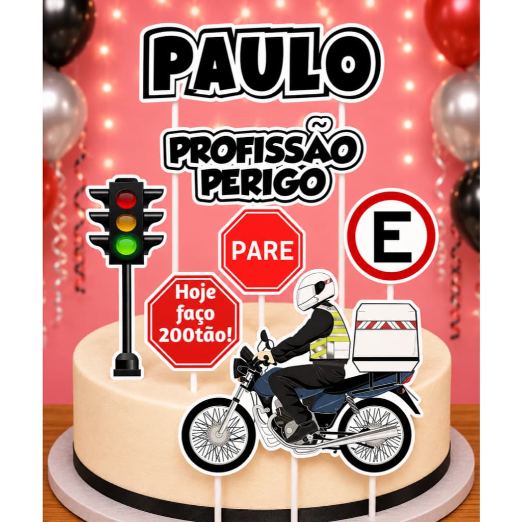 Topo de Bolo Topper Personalizado com Nome e Idade - Profissão Motoboy ENVIO RÁPIDO