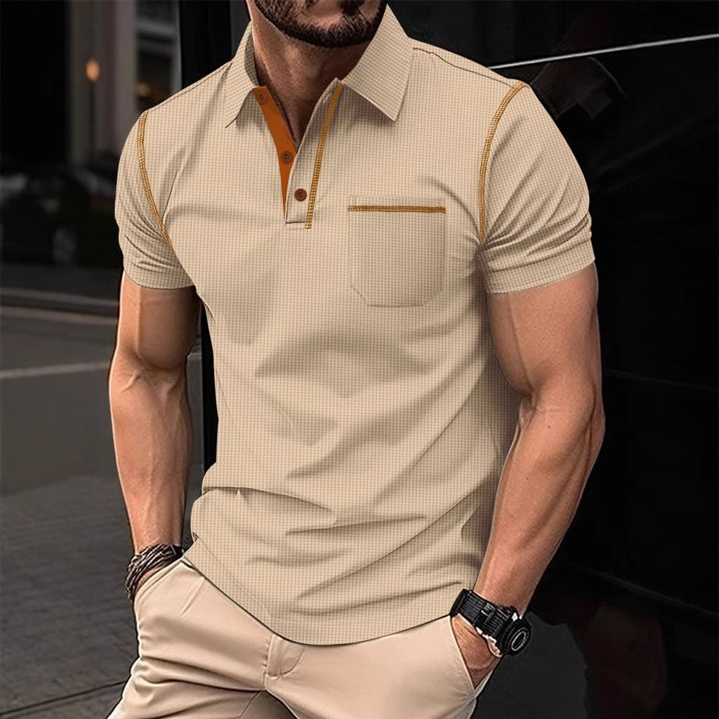 Lapela Waffle Manga Curta Casual Cor Sólida Moda Botão Top