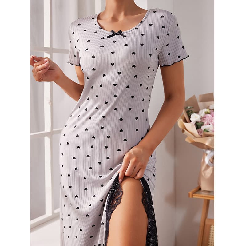 Camisola longa elástica para mulheres, muito vendida, com acabamento em renda, bolinhas e malha canelada de algodão.