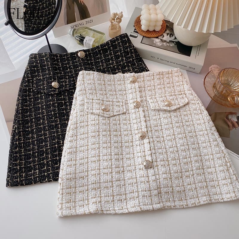 Saia Mini Feminina em A-line/Tweed/Retrô/Chique/Para Outono/Inverno MXKO