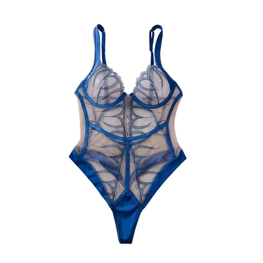 Body sensual com decote em V profundo, bordado, em patchwork, transparente, com aro e modelador.