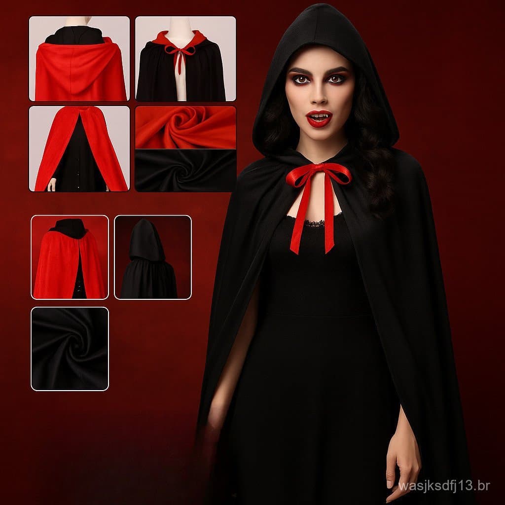 Fantasia Capa Bruxa Vampira Dupla Face Adulto Halloween Drácula Bruxo Carnaval Com Capuz  Preta e Vermelha Adulta