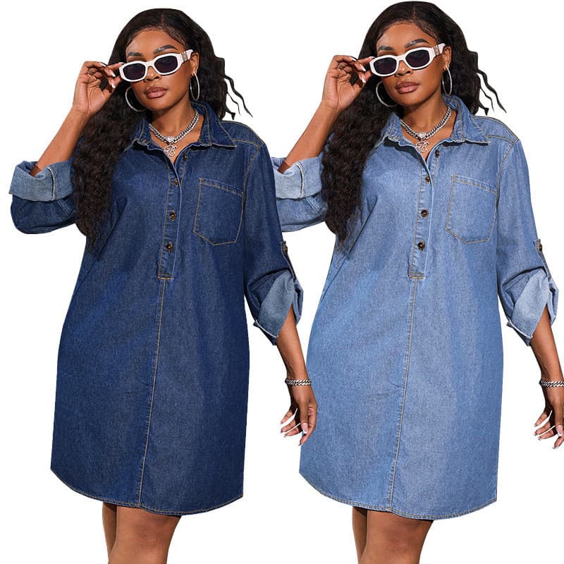 Moda solta feminina novo estilo jeans vestido Casual de manga comprida
