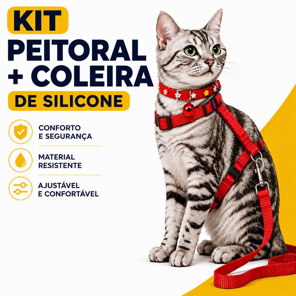 Kit Peitoral Gato + Coleira de Silicone Ajustável Confortável e Resistente