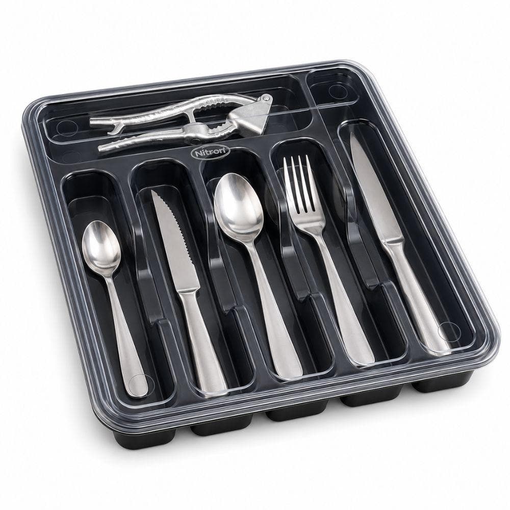 PORTA TALHERES COM TAMPA PRETO 6 DIVISORIAS ORGANIZADOR GRANDE PARA GAVETA PIA UTENSILIOS COZINHA