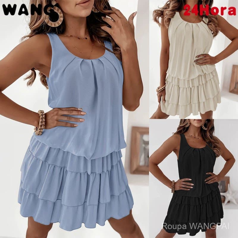 Vestido feminino soltinho, de cor sólida, com decote em U e camadas de babados.