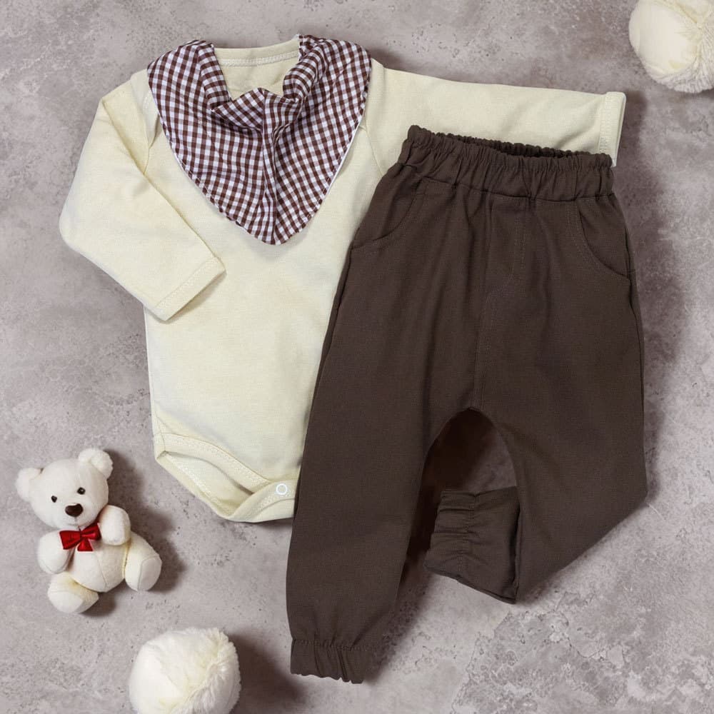 Conjunto Para Bebês Xadrezinho Marrom Suedine E Ecolinho
