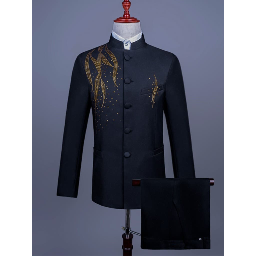 Ornamentos de diamante Zhongshan traje coro traje masculino estilo chinês juventude estudante palco coro meia-idade idos
