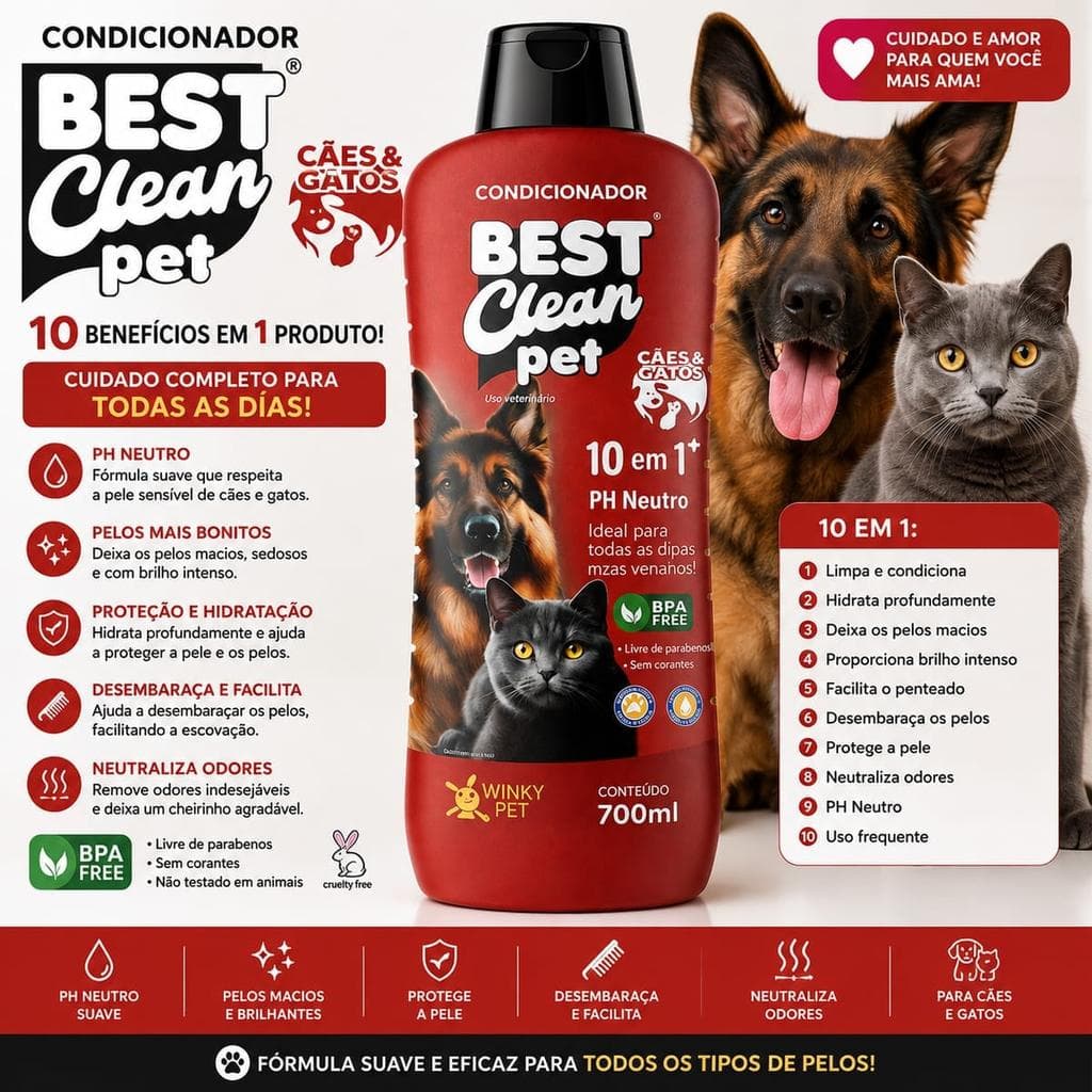 Condicionador Pet 10 em 1 700ml PH Neutro para Cães e Gatos - Hidrata, Desembaraça e Amacia, Sem Parabenos