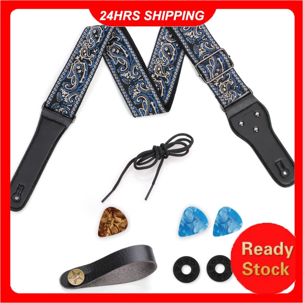 Pethome-BR Conjunto de alça de guitarra bordada azul cinza folk acústico ombro cordão kit de fivela antiderrapante