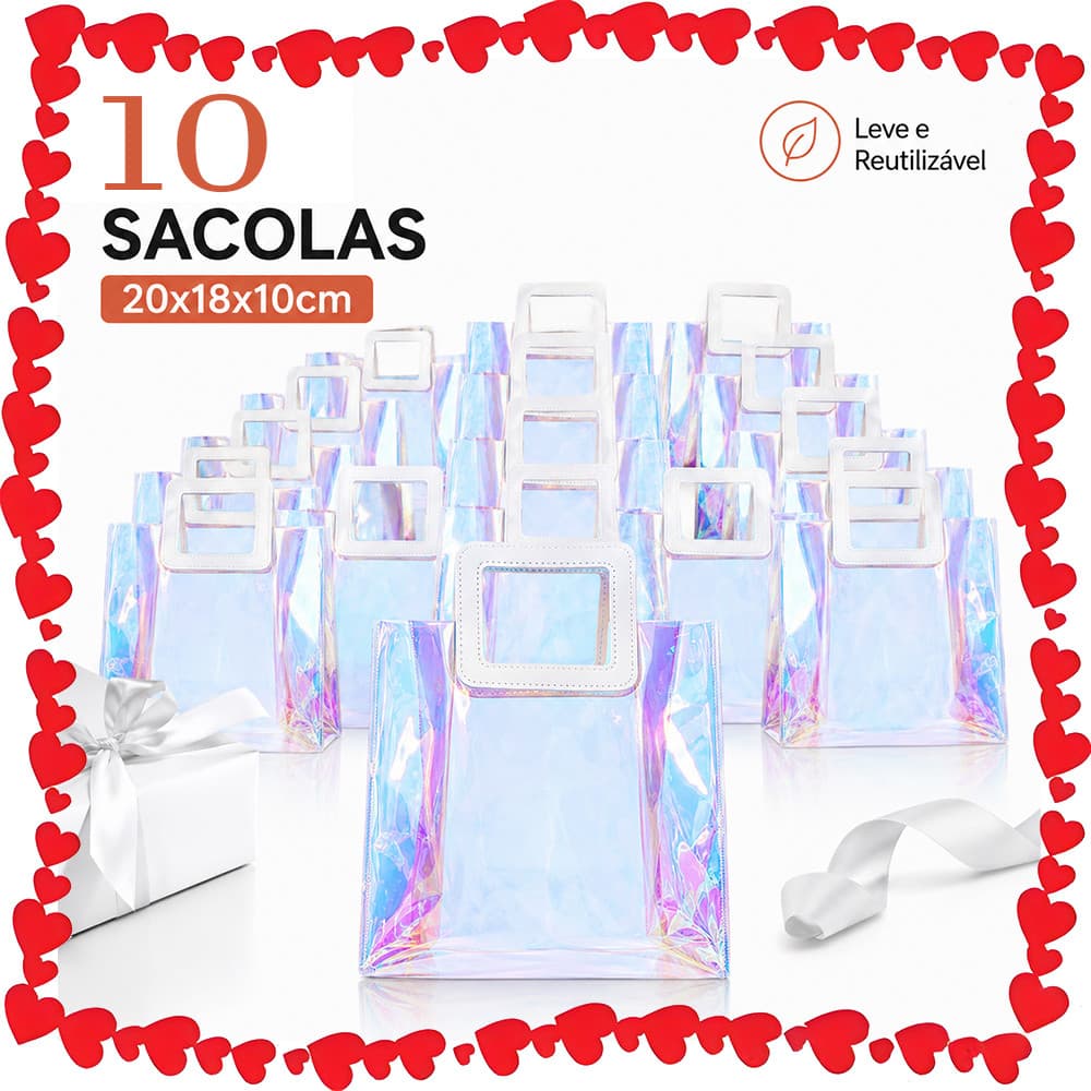 20 x 18 x 10 cm - Conjunto 10 sacolas holográficas de PVC para presentes, compras, festas, viagens e organização
