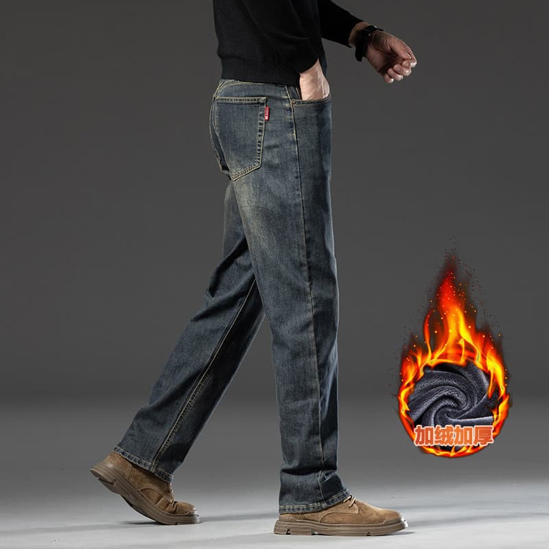 Calças de brim masculinas Retro solto perna reta 2025 velo quente perna larga estiramento calças casuais High-End calças