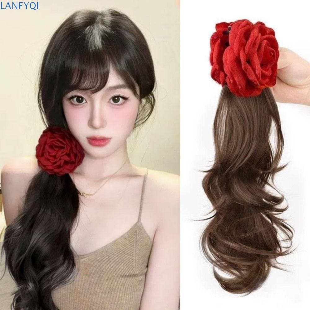 LANFYQI Rabo De Cavalo Rosa Vermelho , Peruca De Extensão De Cabelo , Longo E Encaracolado Baixo