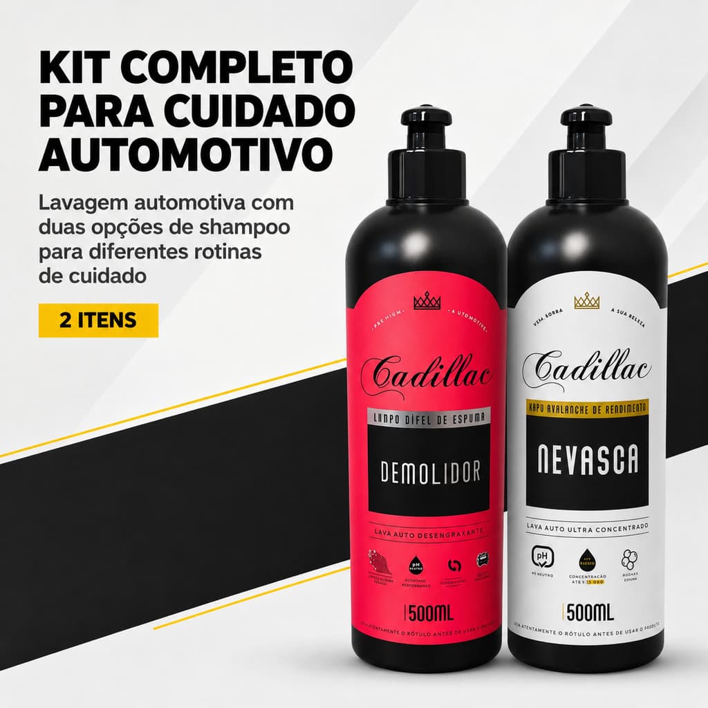 Kit 2 Lava Autos Cadillac Demolidor e Nevasca 500ml Shampoo Automotivo Carro Moto Kit Completo