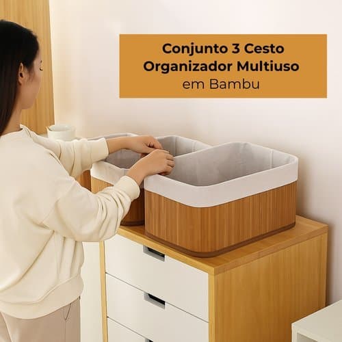 Conjunto Cestos Organizadores Bambu Multiuso Durável Ecológico Organizador Casa