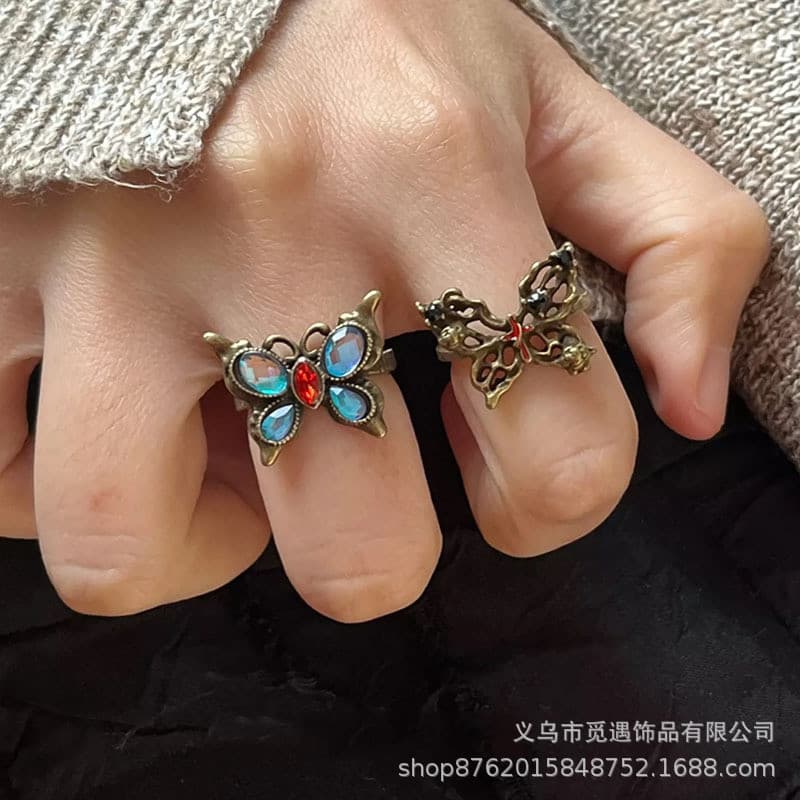 Anel Vintage Vazado com Efeito Desgastado em Forma de Borboleta para Mulheres, Design Único, Anel para o Dedo Indicador,