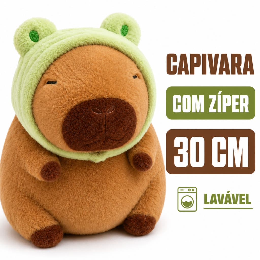 Capivara de Pelúcia 30cm com Capuz de Sapo e Zíper