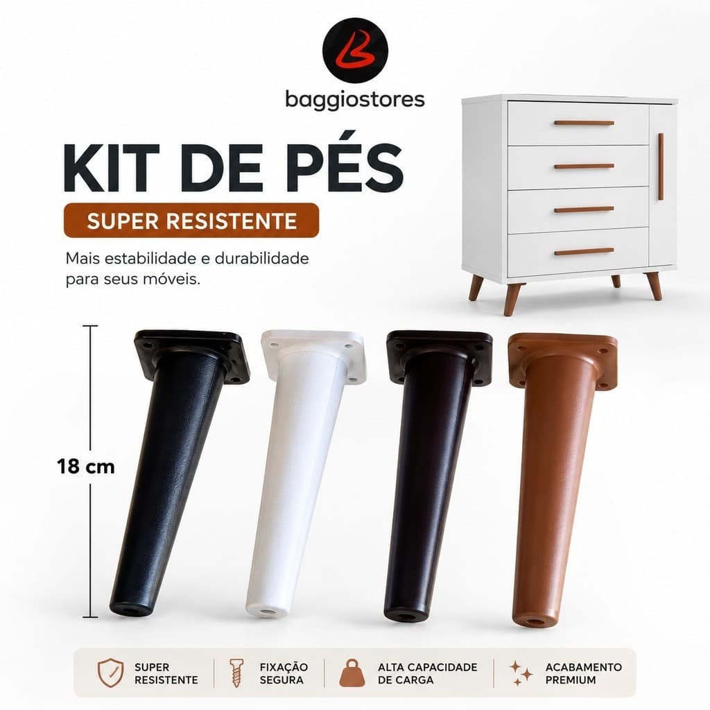 Kit 4 Pé palito Para Mesinha Mesa Escrivaninha Armario Gabinete Criado Mudo Resistente