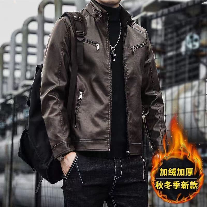 Jaqueta Masculina de Couro PU 2025 Outono Inverno, Casaco de Motociclista Estilo Coreano com Gola Reversível, Roupa Casu
