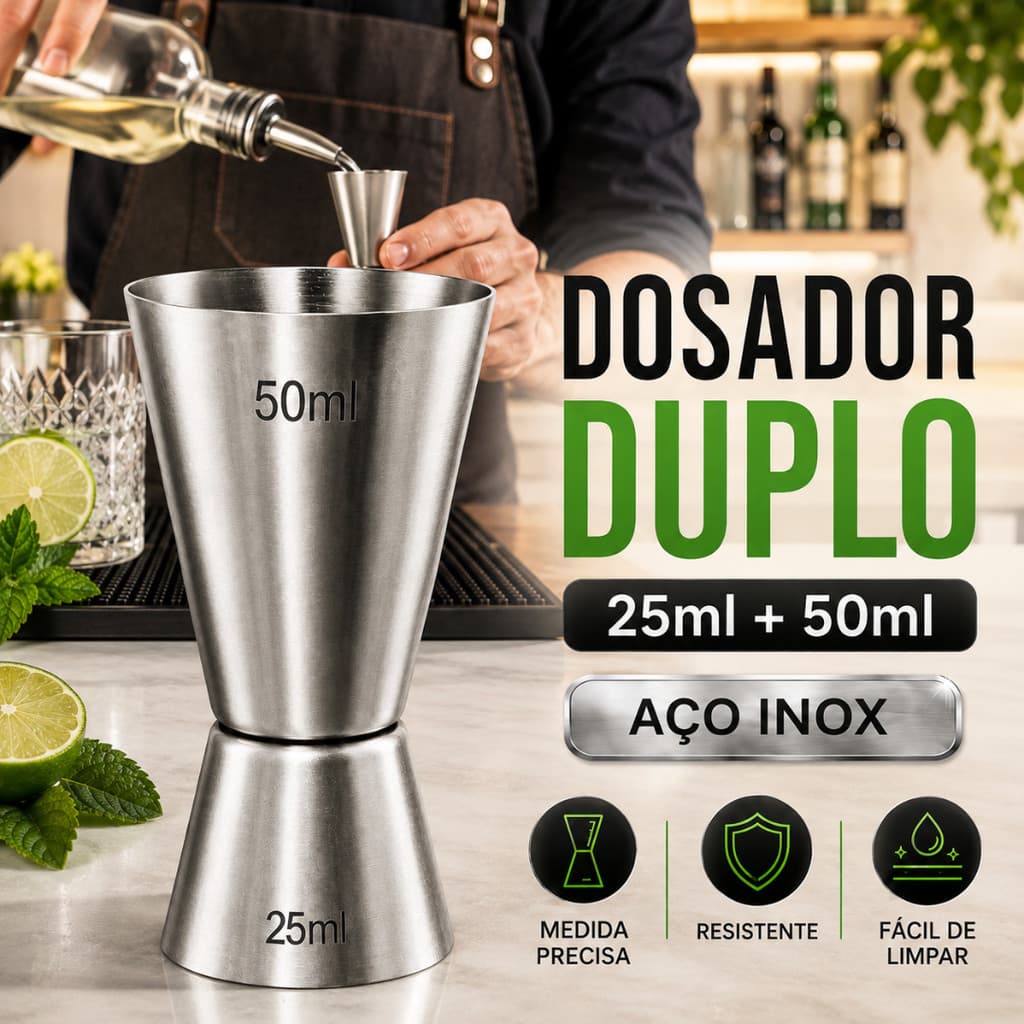 Dosador de Bebida Duplo para Drink em Aço Inox Medidor para Drinks Coquetéis Bar Bartender