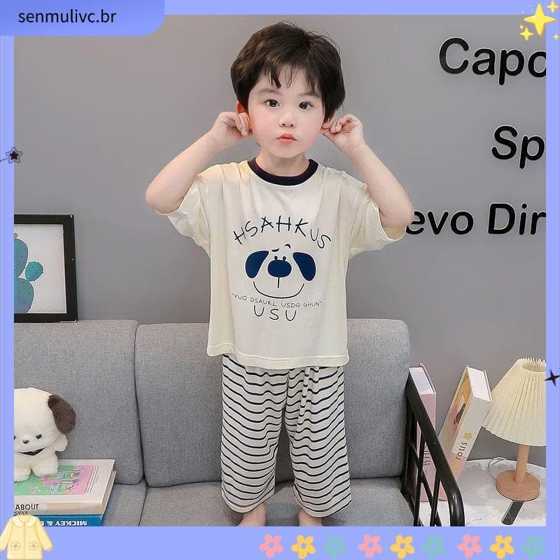 Pijamas para meninos verão estilo fino roupas de ar condicionado para meninos bebê dos desenhos animados calças listrada