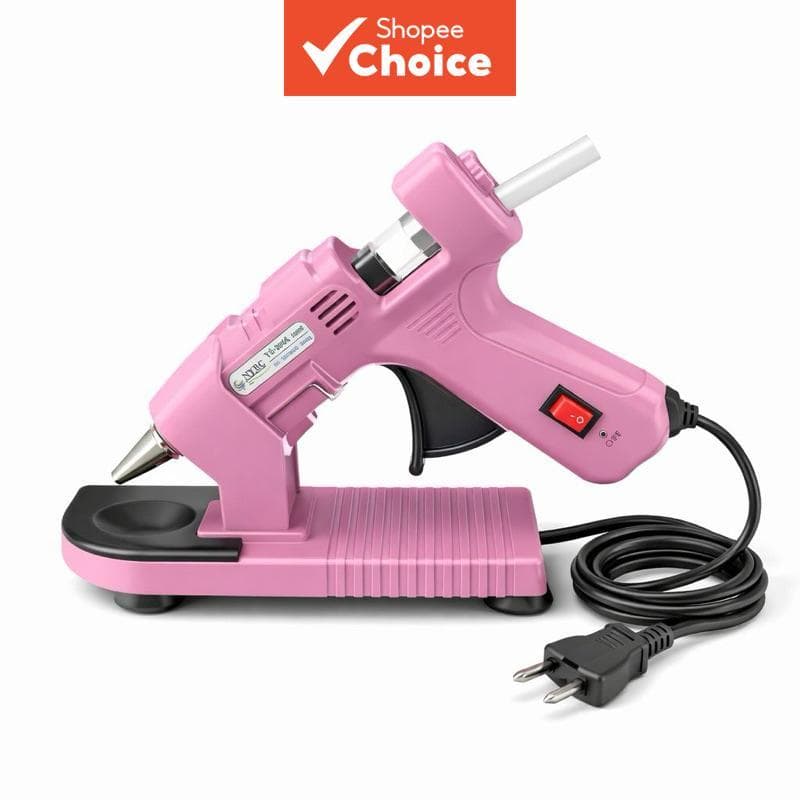 Pistola de cola quente rosa com suporte e 4 bastões de cola | Ferramenta adesiva de derretimento 100W para artesanato