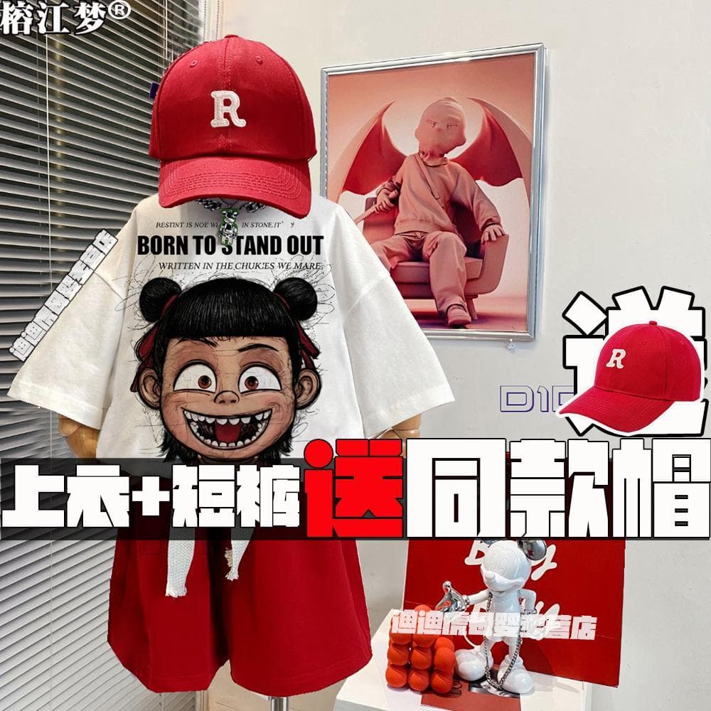 Meninos terno de verão 2025 novo estilo influenciador Nezha roupas infantis bonito de manga curta meninos verão roupas b